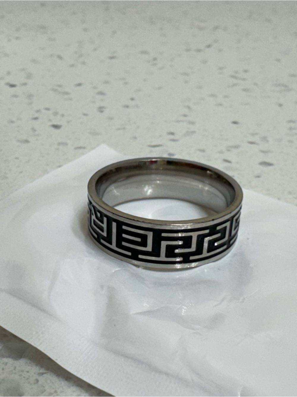 Ring Silver Band with Black Greek Key Pattern